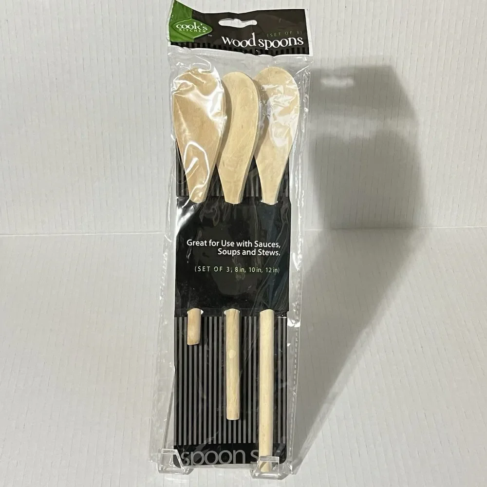 Cook's Kitchen Wood Spoon Set of 3 Natural Cooking Mixing Utensils 8